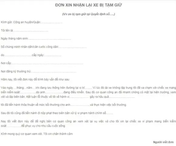 Đơn Xin Xe Ô Tô Bị Tạm Giữ: Mẫu Chuẩn & Hướng Dẫn Chi Tiết Đơn Xin Xe Ô Tô Bị Tạm Giữ: Mẫu Chuẩn & Hướng Dẫn Chi Tiết