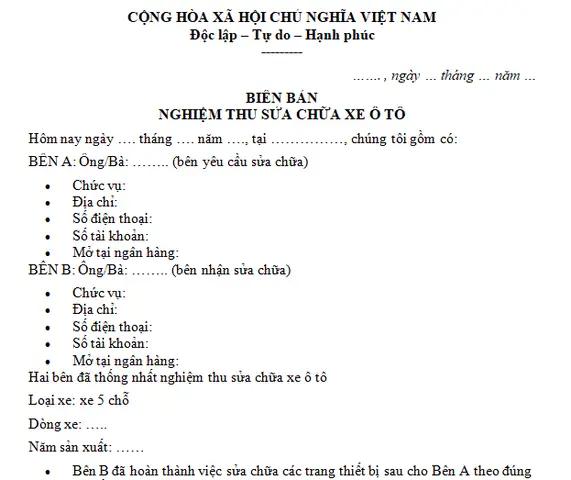 Biên Bản Nghiệm Thu Sửa Chữa Xe Ô Tô: Mẫu Chuẩn Và Hướng Dẫn Đầy Đủ Biên Bản Nghiệm Thu Sửa Chữa Xe Ô Tô: Mẫu Chuẩn Và Hướng Dẫn Đầy Đủ