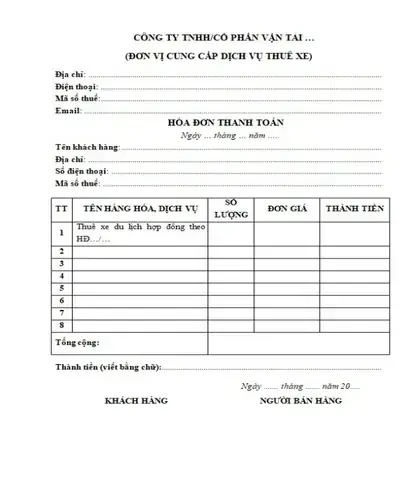 Mẫu Hóa Đơn Cho Thuê Xe Ô Tô: So Sánh Giấy Và Điện Tử Để Tối Ưu Kinh Doanh Mẫu Hóa Đơn Cho Thuê Xe Ô Tô: So Sánh Giấy Và Điện Tử Để Tối Ưu Kinh Doanh