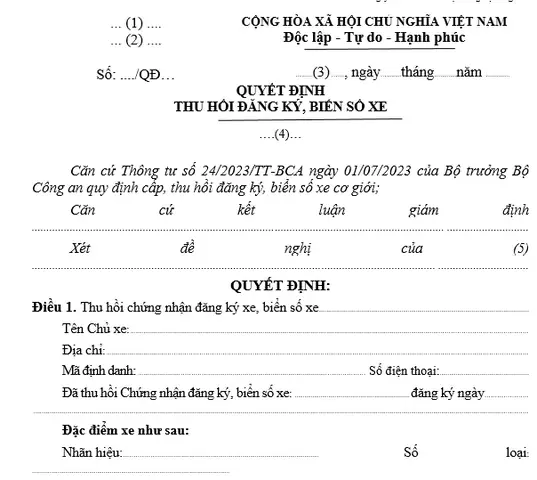Mẫu Quyết Định Thu Hồi Xe Ô Tô Mẫu Quyết Định Thu Hồi Xe Ô Tô