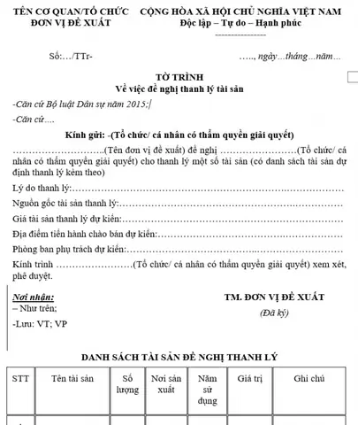 Mẫu Tờ Trình Thanh Lý Xe Ô Tô