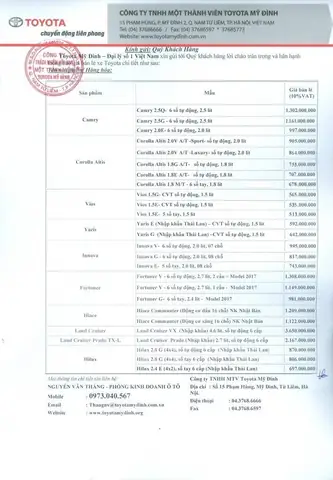 Bảng Giá Xe Toyota Mỹ Đình Bảng Giá Xe Toyota Mỹ Đình