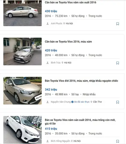 Giá Xe Toyota Vios 2016 Cũ