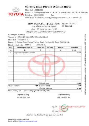 Hóa Đơn Toyota