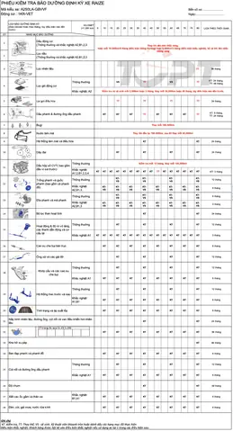 Phiếu Bảo Dưỡng Định Kỳ Toyota