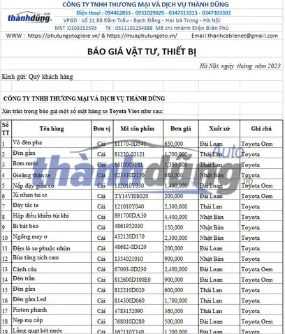 Phụ Tùng Xe Ô Tô Toyota