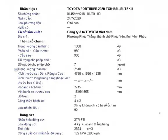 Thông Số Kỹ Thuật Toyota Fortuner