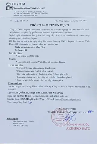 Toyota Hiroshima Vĩnh Phúc Tuyển Dụng