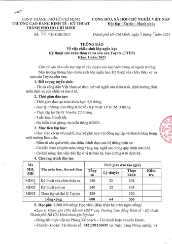 Chiêu Sinh Lớp Kỹ Thuật Viên Toyota