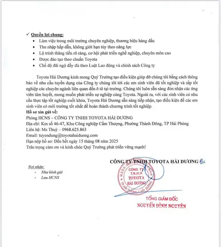 Công Ty Toyota Hải Dương Tuyển Dụng