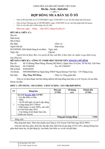 Hợp Đồng Thu Mua Của Công Ty Toyota