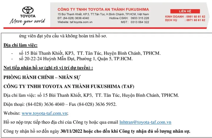 Toyota An Thành Tuyển Dụng 2017